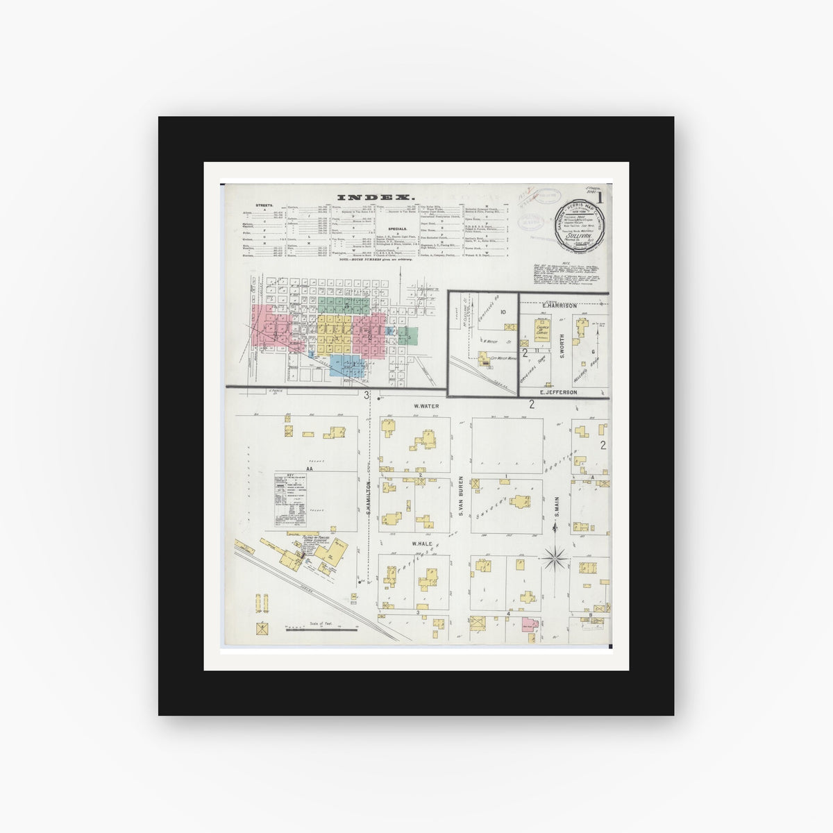 Old map wall art mockup — black gallery frame with white mat — Sanborn Fire Insurance Map from Sullivan, Moultrie County, Illinois (1898), Sheet #0001