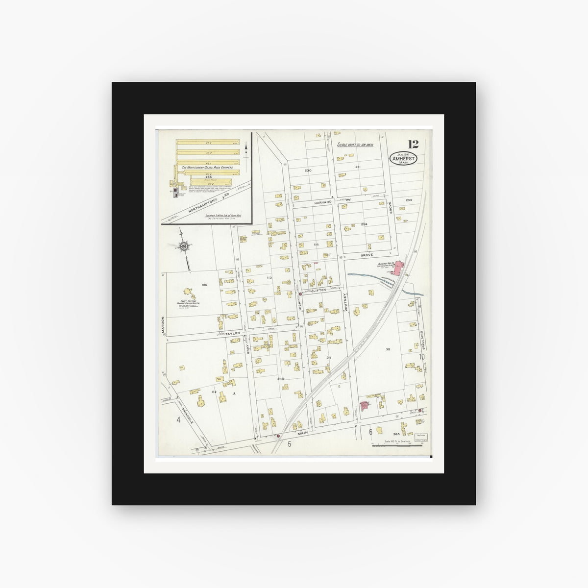 Old map wall art mockup — black gallery frame with white mat — Sanborn Fire Insurance Map from Amherst, Hampshire County, Massachusetts (1916), Sheet #0012