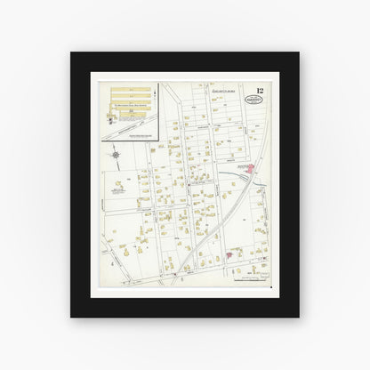 Old map wall art mockup — black gallery frame with white mat — Sanborn Fire Insurance Map from Amherst, Hampshire County, Massachusetts (1916), Sheet #0012