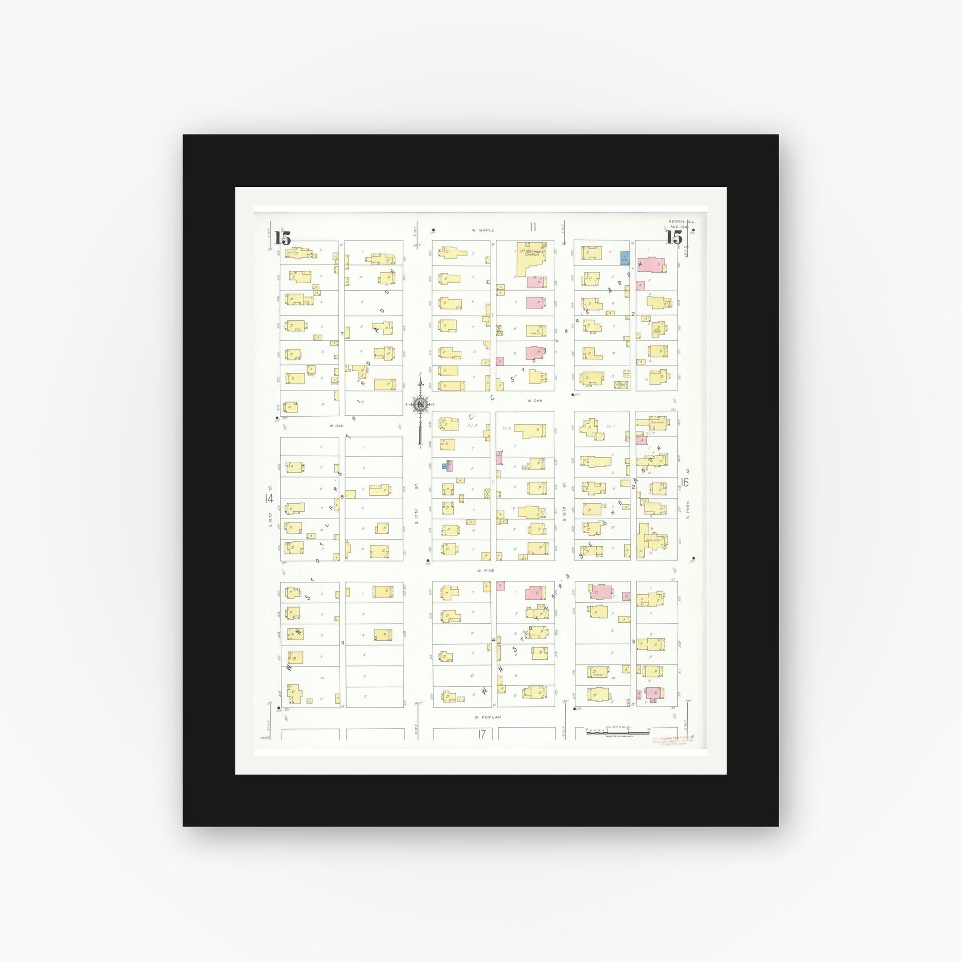 Old map wall art mockup — black gallery frame with white mat — Sanborn Fire Insurance Map from Herrin, Williamson County, Illinois (1941), Sheet #0015