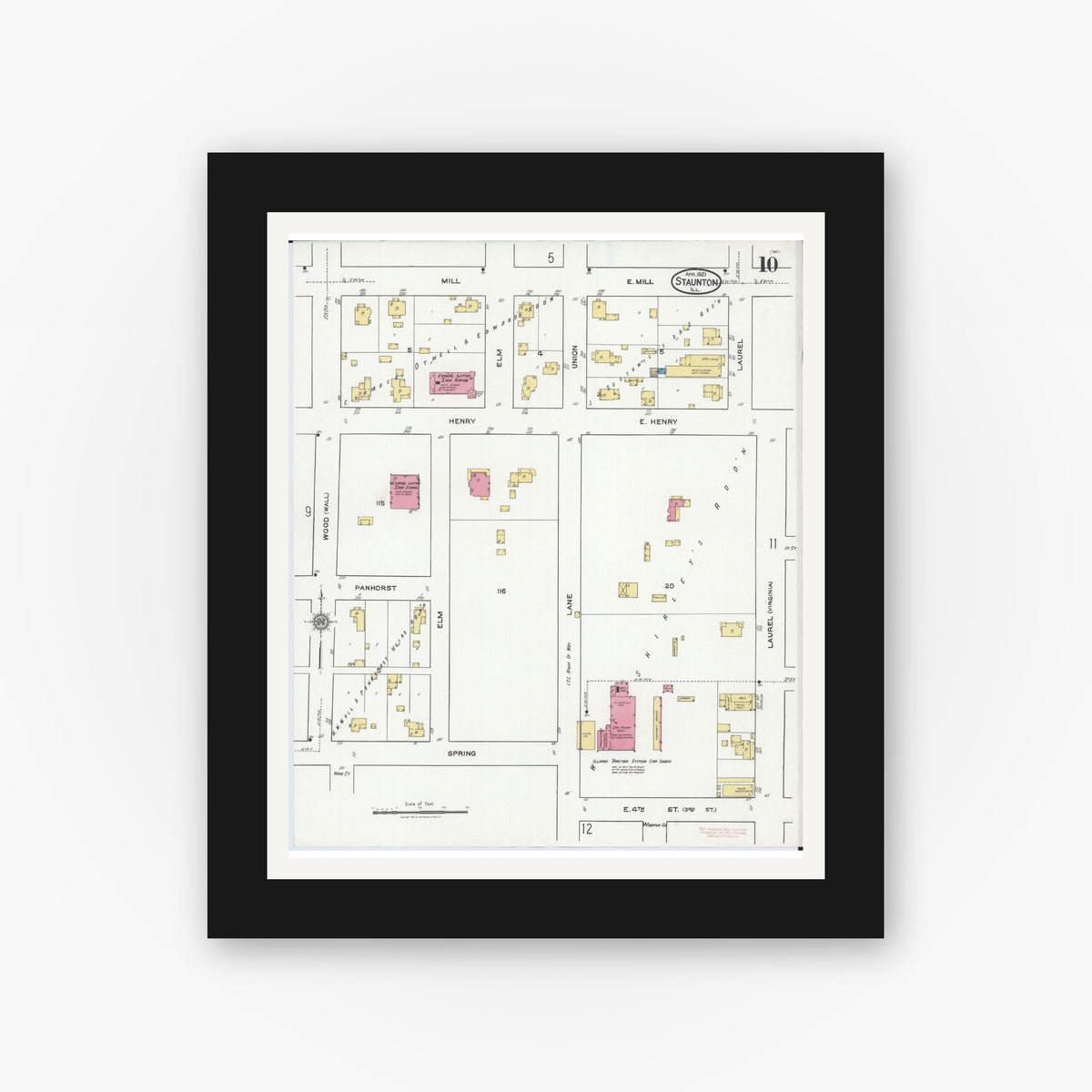 Old map wall art mockup — black gallery frame with white mat — Sanborn Fire Insurance Map from Staunton, Macoupin County, Illinois (1921), Sheet #0010