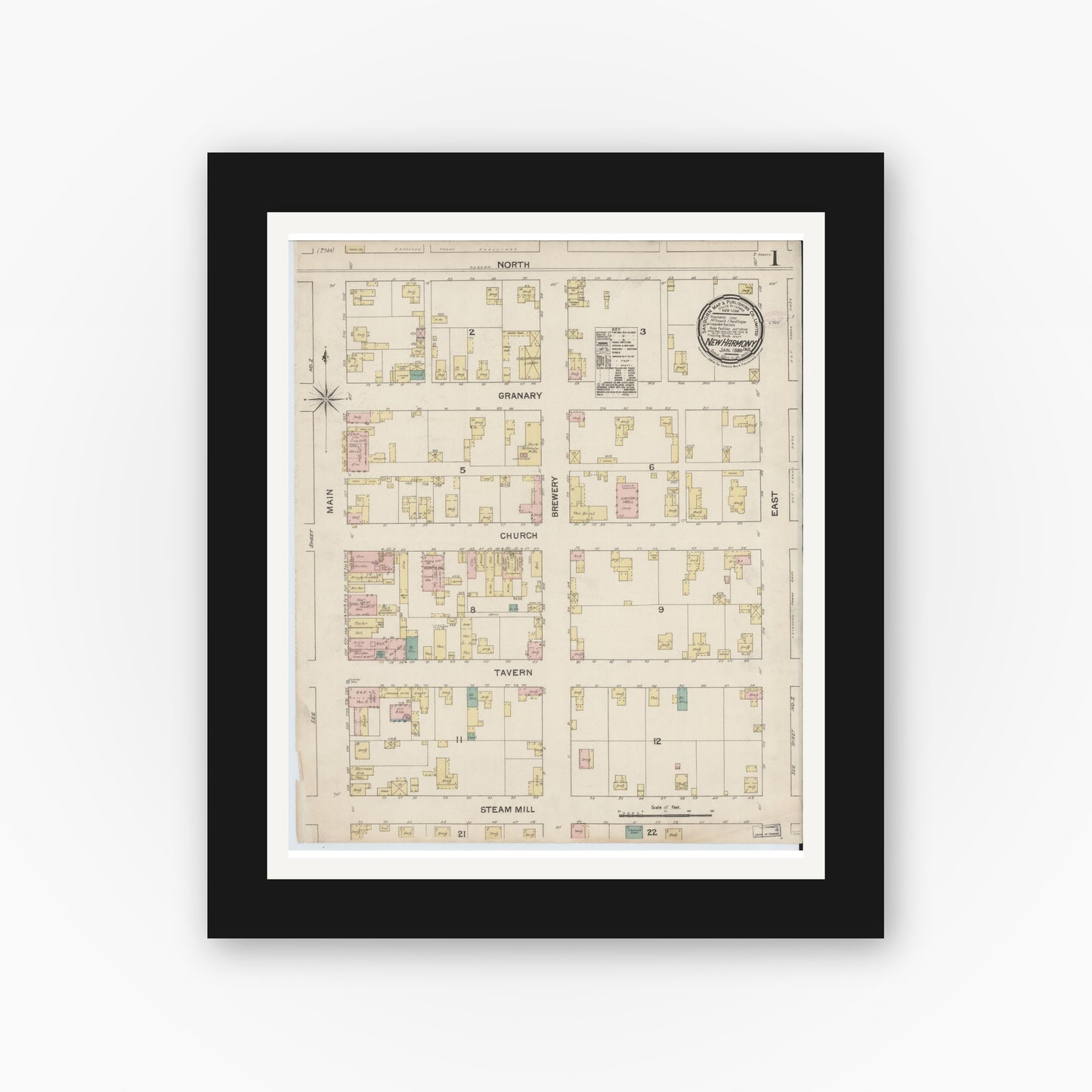 Old map wall art mockup — black gallery frame with white mat — Sanborn Fire Insurance Map from New Harmony, Posey County, Indiana (1888), Sheet #0001