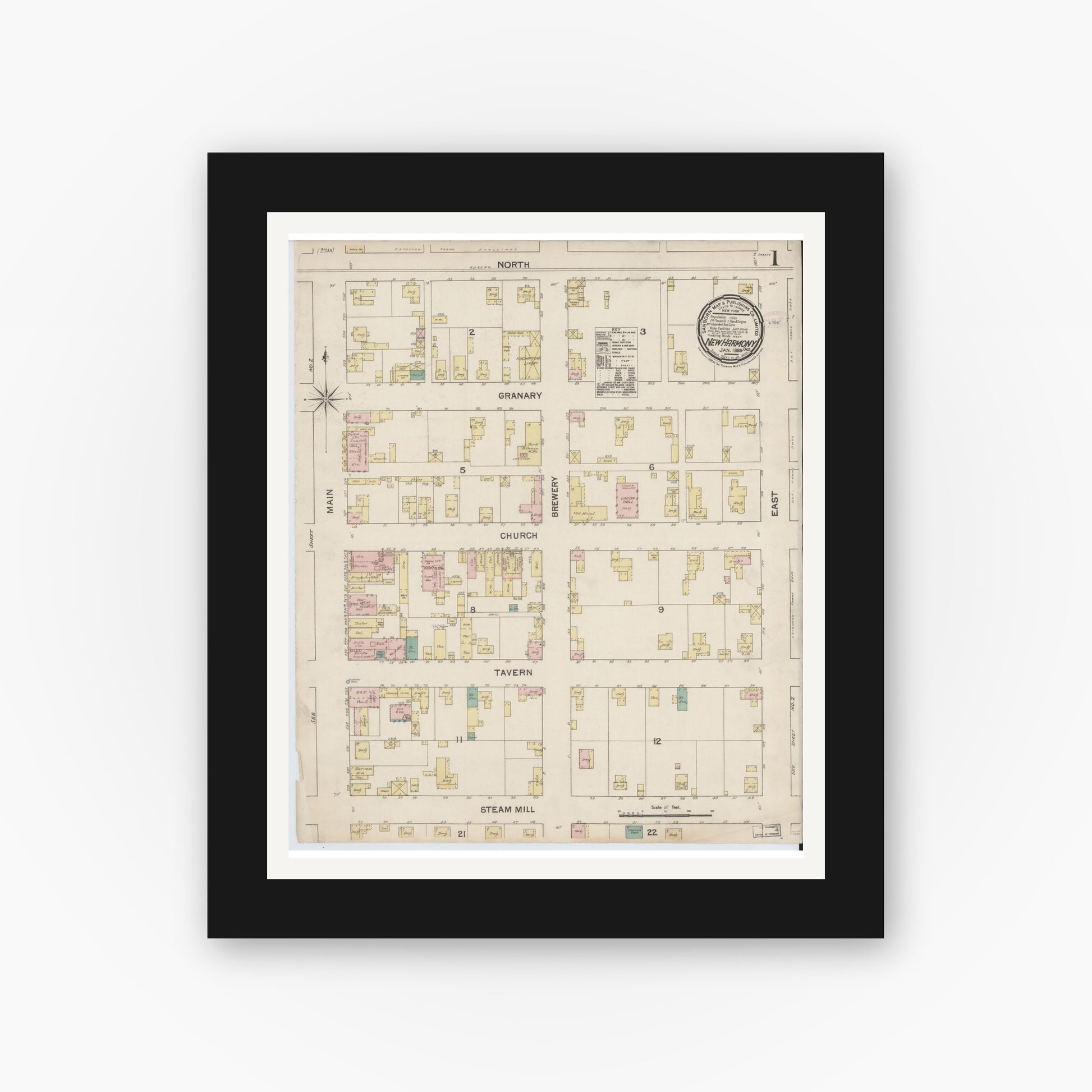 Old map wall art mockup — black gallery frame with white mat — Sanborn Fire Insurance Map from New Harmony, Posey County, Indiana (1888), Sheet #0001
