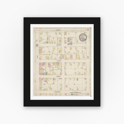 Old map wall art mockup — black gallery frame with white mat — Sanborn Fire Insurance Map from New Harmony, Posey County, Indiana (1888), Sheet #0001