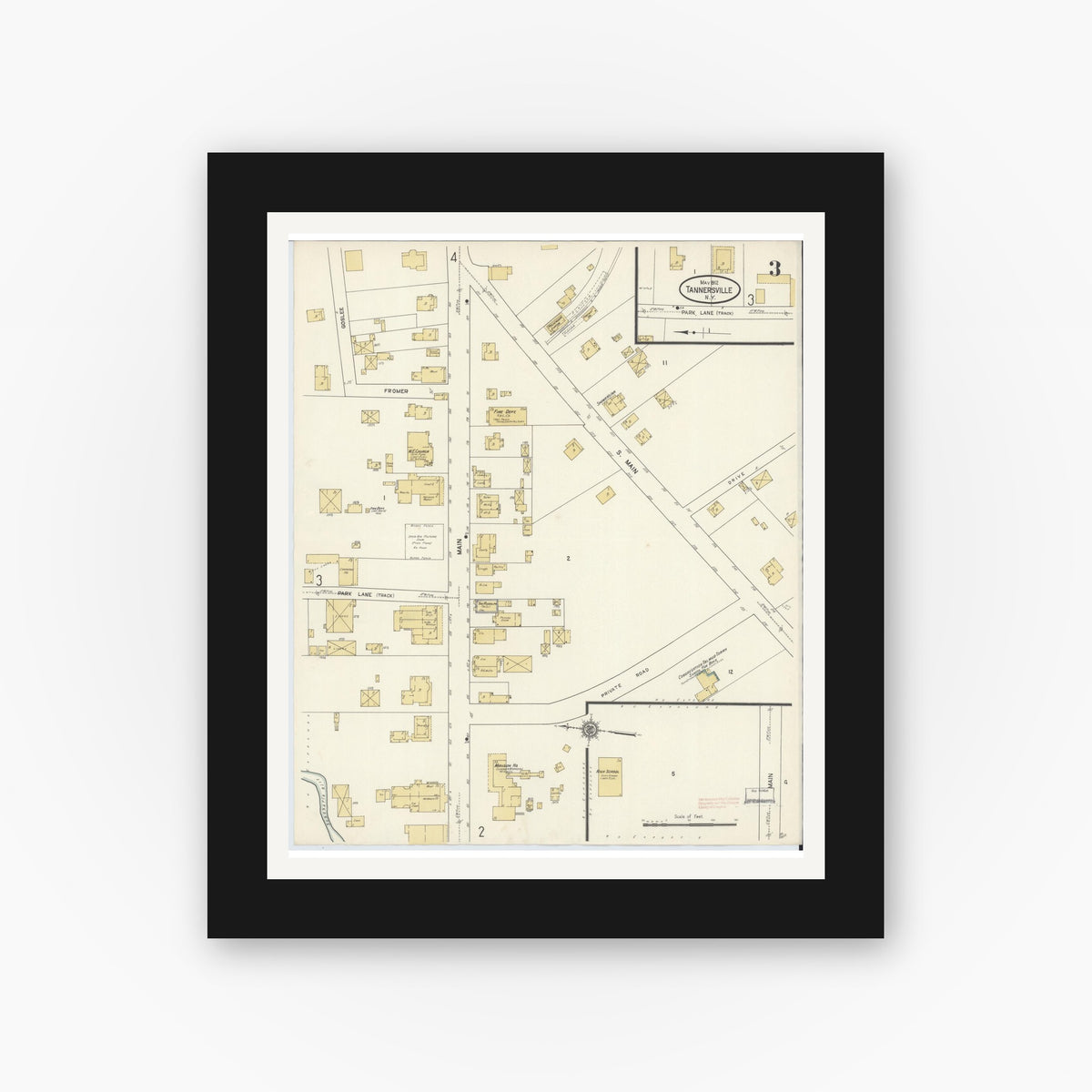 Old map wall art mockup — black gallery frame with white mat — Sanborn Fire Insurance Map from Tannersville, Greene County, New York (1912), Sheet #0003