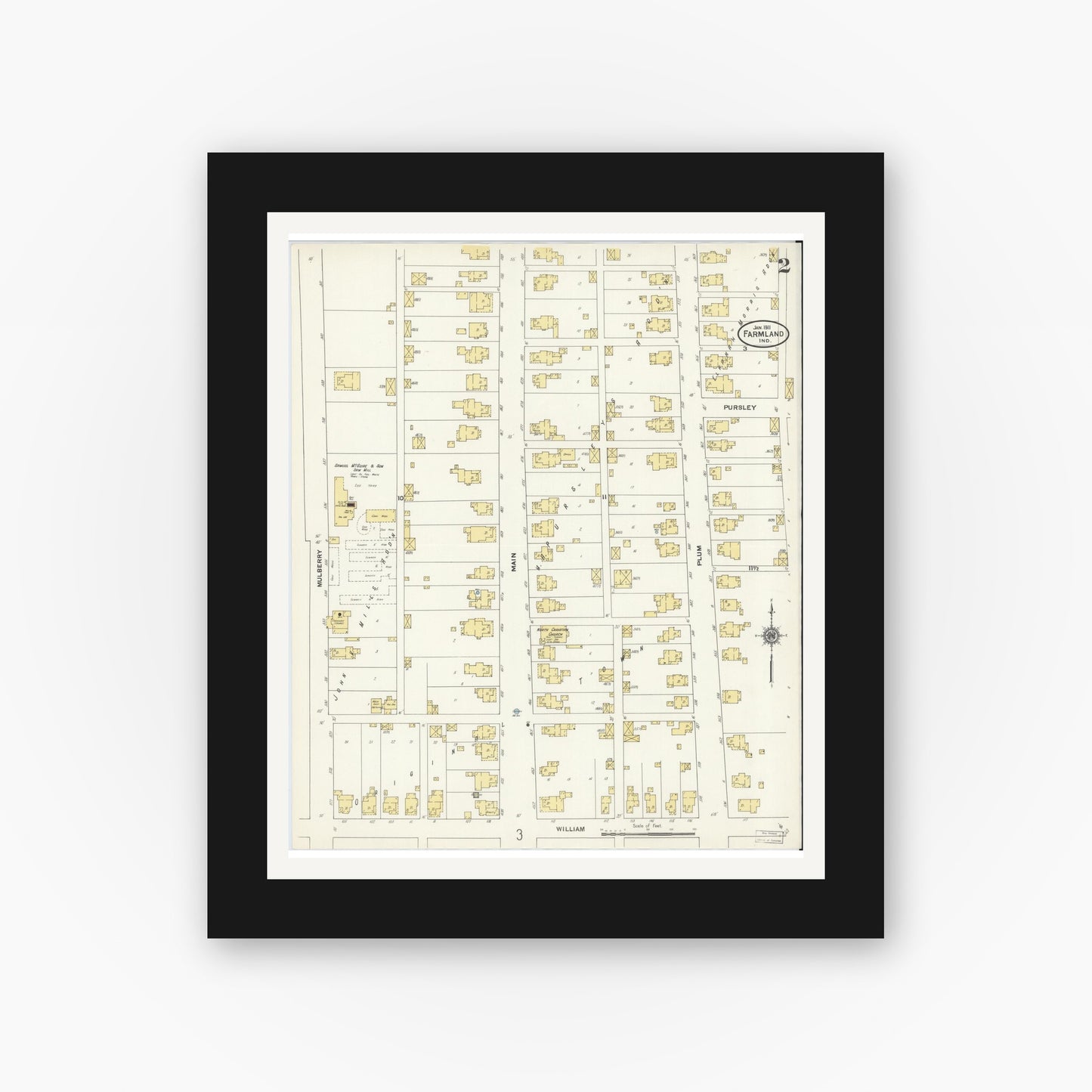 Old map wall art mockup — black gallery frame with white mat — Sanborn Fire Insurance Map from Farmland, Randolph County, Indiana (1911), Sheet #0002