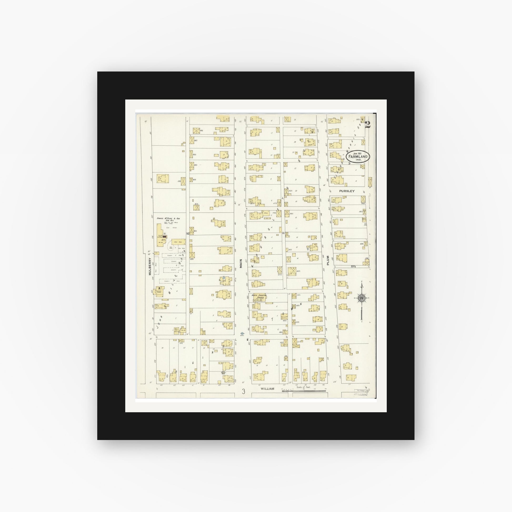 Old map wall art mockup — black gallery frame with white mat — Sanborn Fire Insurance Map from Farmland, Randolph County, Indiana (1911), Sheet #0002