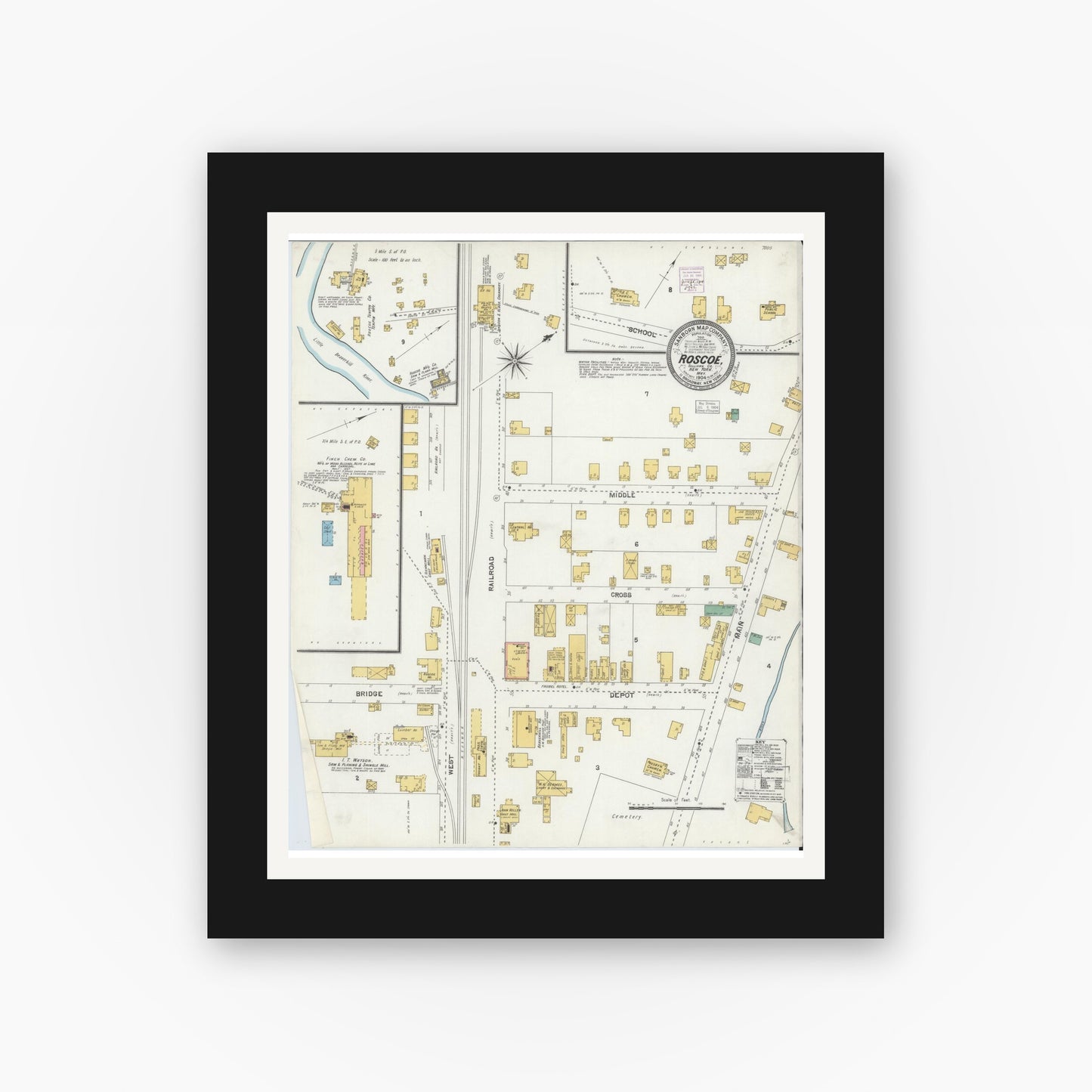Old map wall art mockup — black gallery frame with white mat — Sanborn Fire Insurance Map from Roscoe, Sullivan County, New York (1904), Sheet #0001
