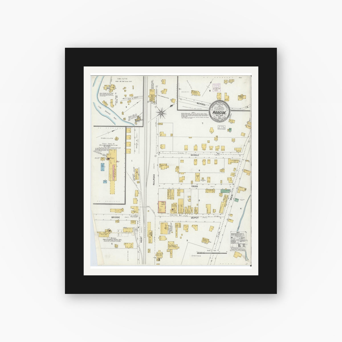 Old map wall art mockup — black gallery frame with white mat — Sanborn Fire Insurance Map from Roscoe, Sullivan County, New York (1904), Sheet #0001
