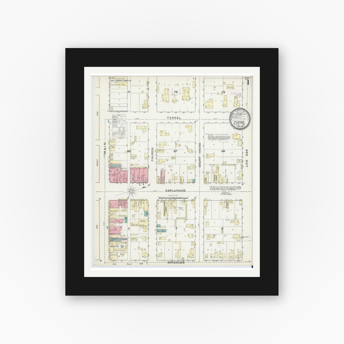 Old map wall art mockup — black gallery frame with white mat — Sanborn Fire Insurance Map from Cuero, De Witt County, Texas (1891), Sheet #0001