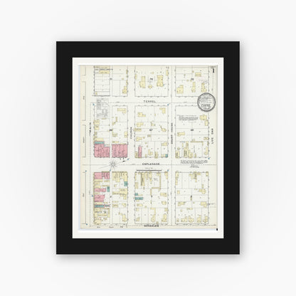 Old map wall art mockup — black gallery frame with white mat — Sanborn Fire Insurance Map from Cuero, De Witt County, Texas (1891), Sheet #0001