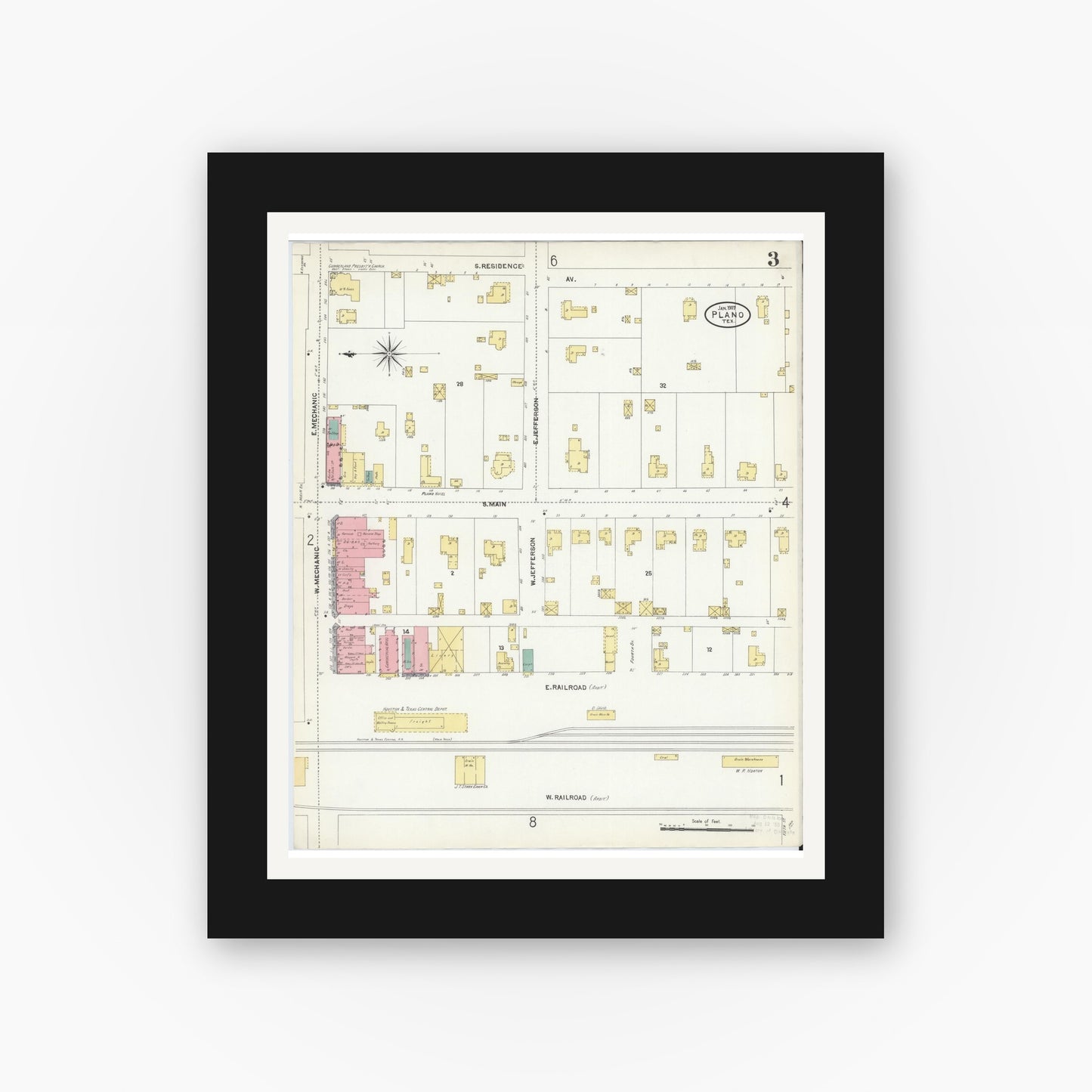 Old map wall art mockup — black gallery frame with white mat — Sanborn Fire Insurance Map from Plano, Collin County, Texas (1907), Sheet #0003