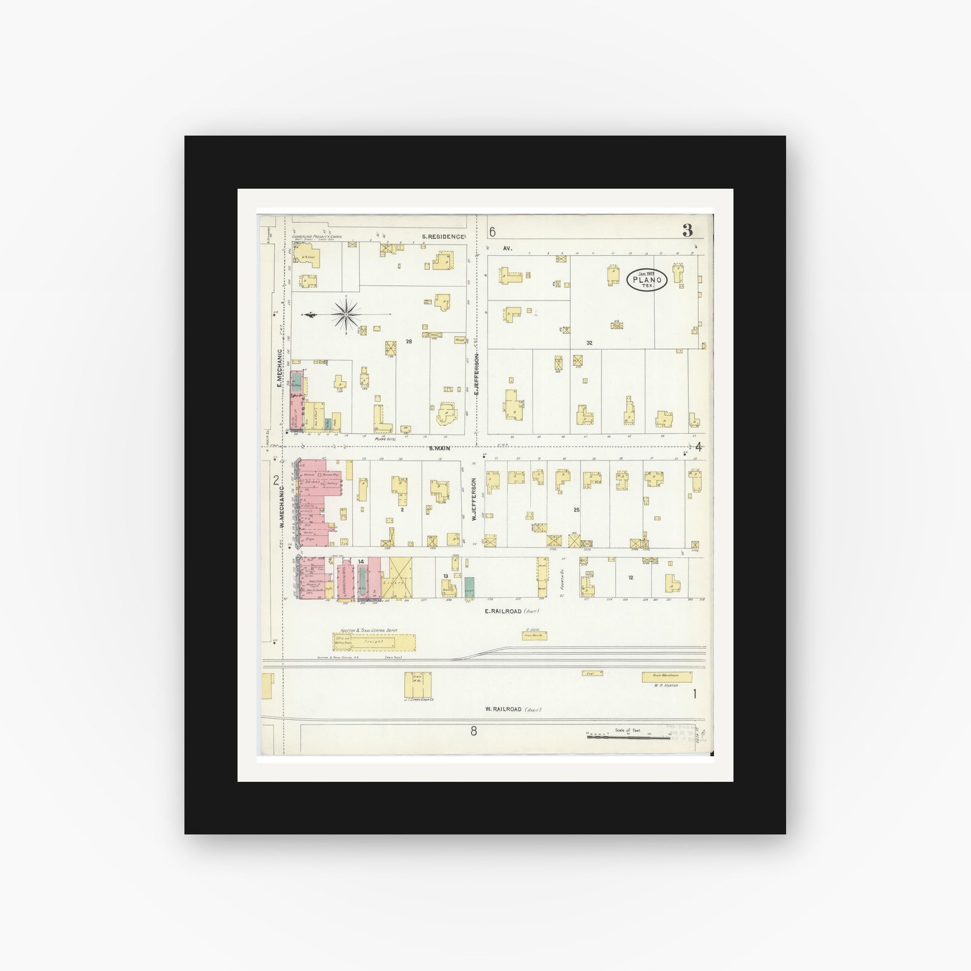 Old map wall art mockup — black gallery frame with white mat — Sanborn Fire Insurance Map from Plano, Collin County, Texas (1907), Sheet #0003