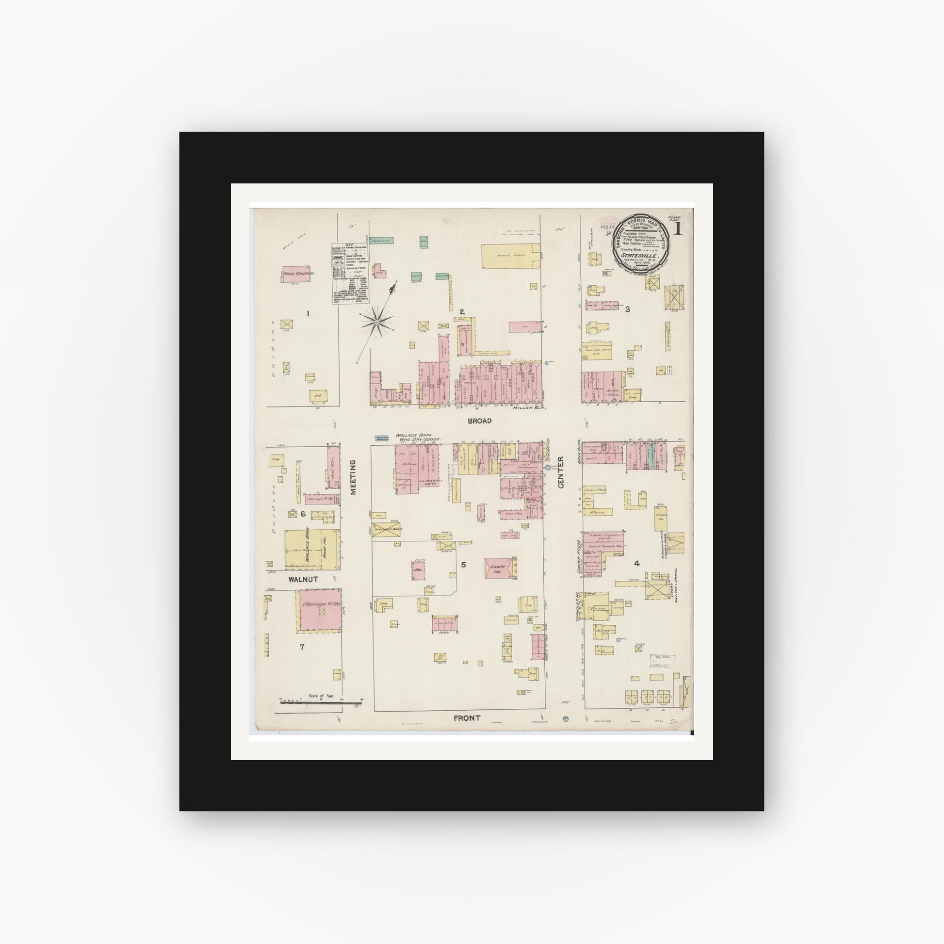 Old map wall art mockup — black gallery frame with white mat — Sanborn Fire Insurance Map from Statesville, Iredell County, North Carolina (1890) - Complete Map Set
