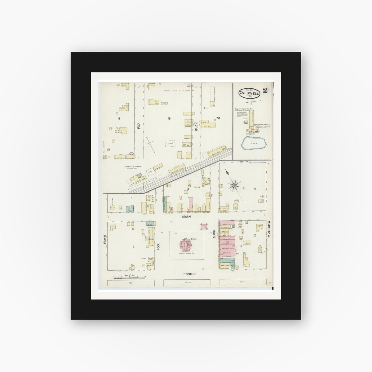 Old map wall art mockup — black gallery frame with white mat — Sanborn Fire Insurance Map from Caldwell, Burleson County, Texas (1891), Sheet #0002