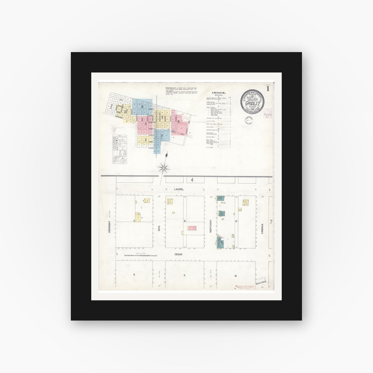 Old map wall art mockup — black gallery frame with white mat — Sanborn Fire Insurance Map from Gridley, Butte County, California (1902) - Complete Map Set