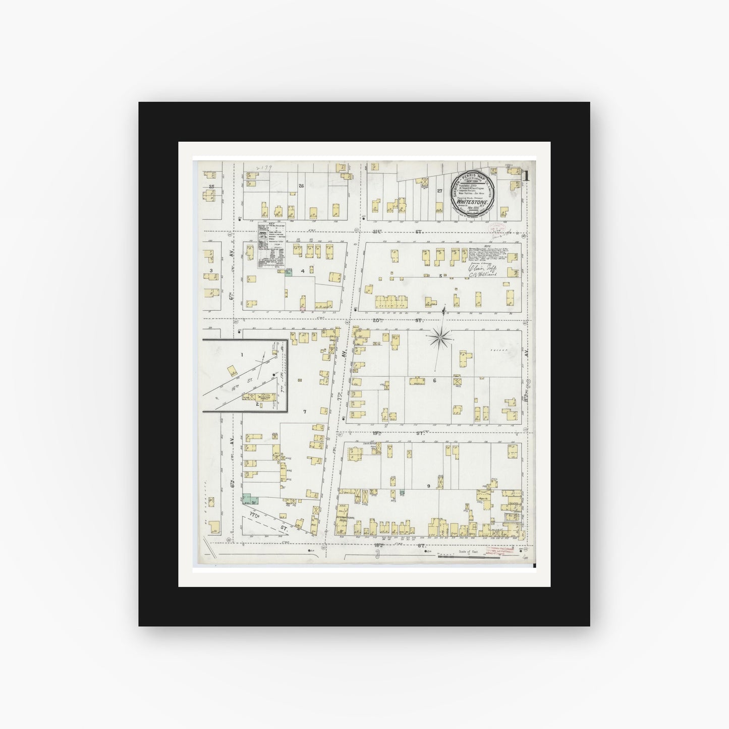 Old map wall art mockup — black gallery frame with white mat — Sanborn Fire Insurance Map from Whitestone, Queens County, New York (1895) - Complete Map Set