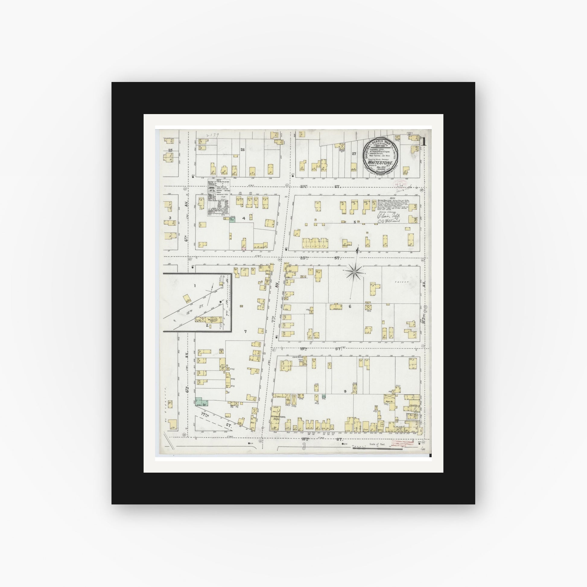 Old map wall art mockup — black gallery frame with white mat — Sanborn Fire Insurance Map from Whitestone, Queens County, New York (1895) - Complete Map Set