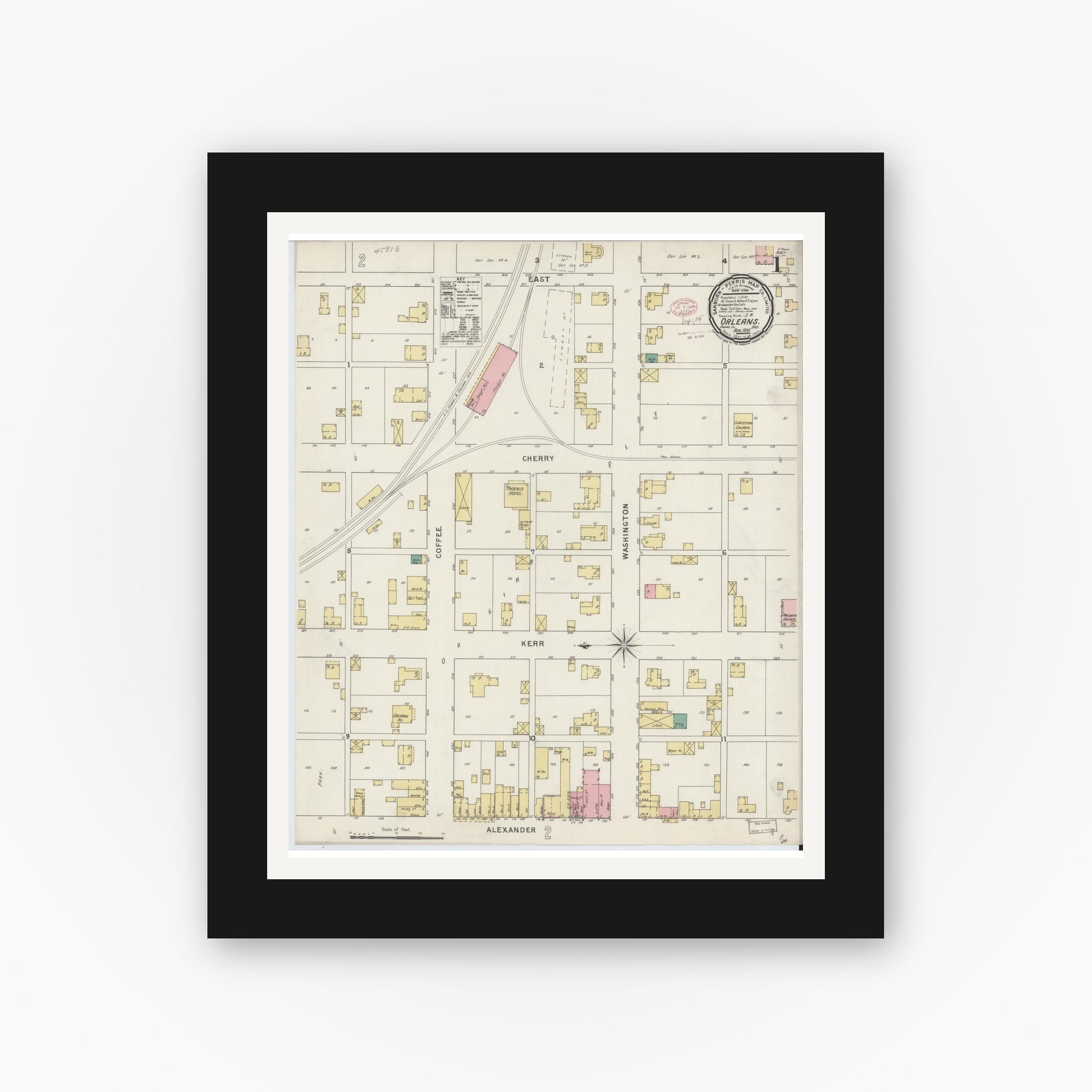 Old map wall art mockup — black gallery frame with white mat — Sanborn Fire Insurance Map from Orleans, Orange County, Indiana (1895) - Complete Map Set
