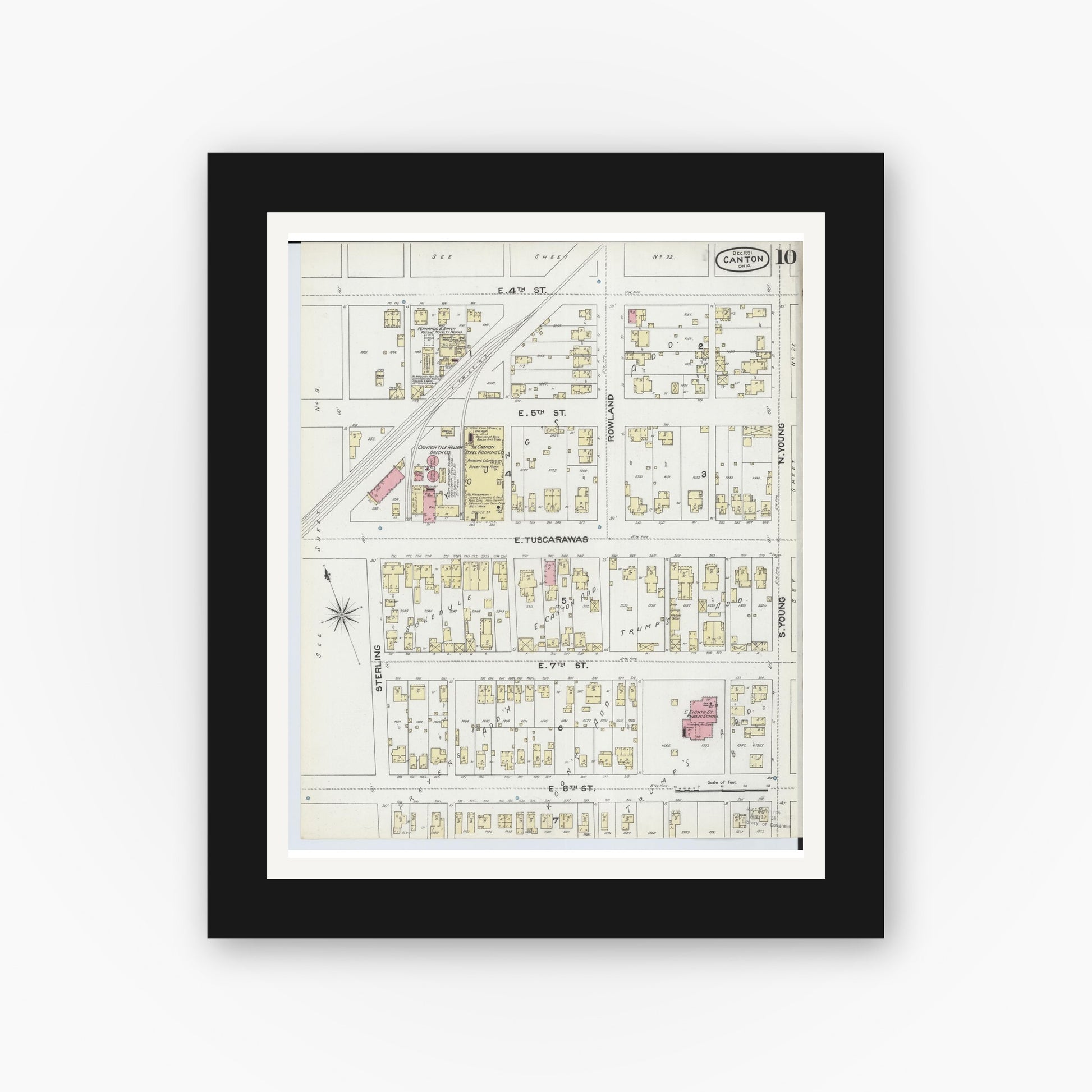 Old map wall art mockup — black gallery frame with white mat — Sanborn Fire Insurance Map from Canton, Stark County, Ohio (1891), Sheet #0010