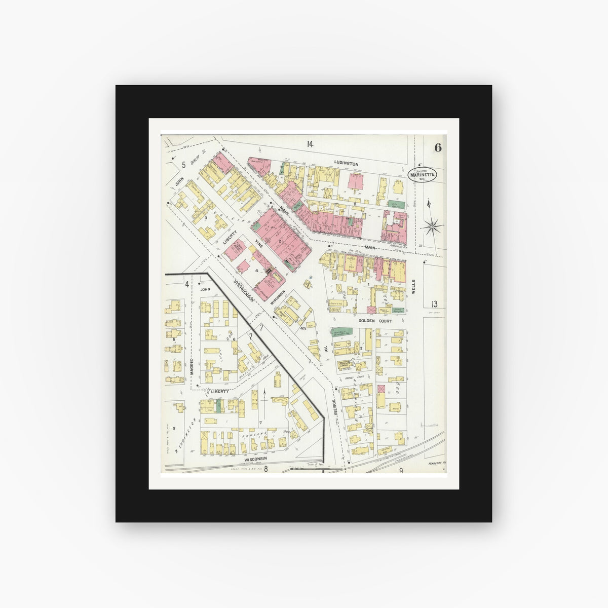 Old map wall art mockup — black gallery frame with white mat — Sanborn Fire Insurance Map from Marinette, Marinette County, Wisconsin (1901), Sheet #0006