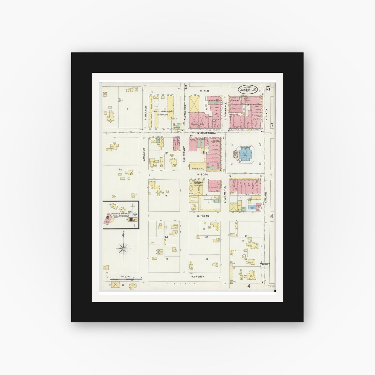 Old map wall art mockup — black gallery frame with white mat — Sanborn Fire Insurance Map from Gainesville, Cooke County, Texas (1897), Sheet #0005