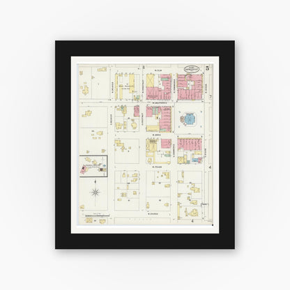 Old map wall art mockup — black gallery frame with white mat — Sanborn Fire Insurance Map from Gainesville, Cooke County, Texas (1897), Sheet #0005