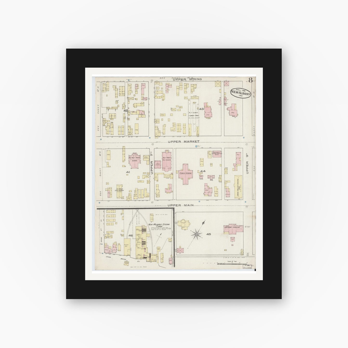 Old map wall art mockup — black gallery frame with white mat — Sanborn Fire Insurance Map from New Albany, Floyd County, Indiana (1886), Sheet #0008