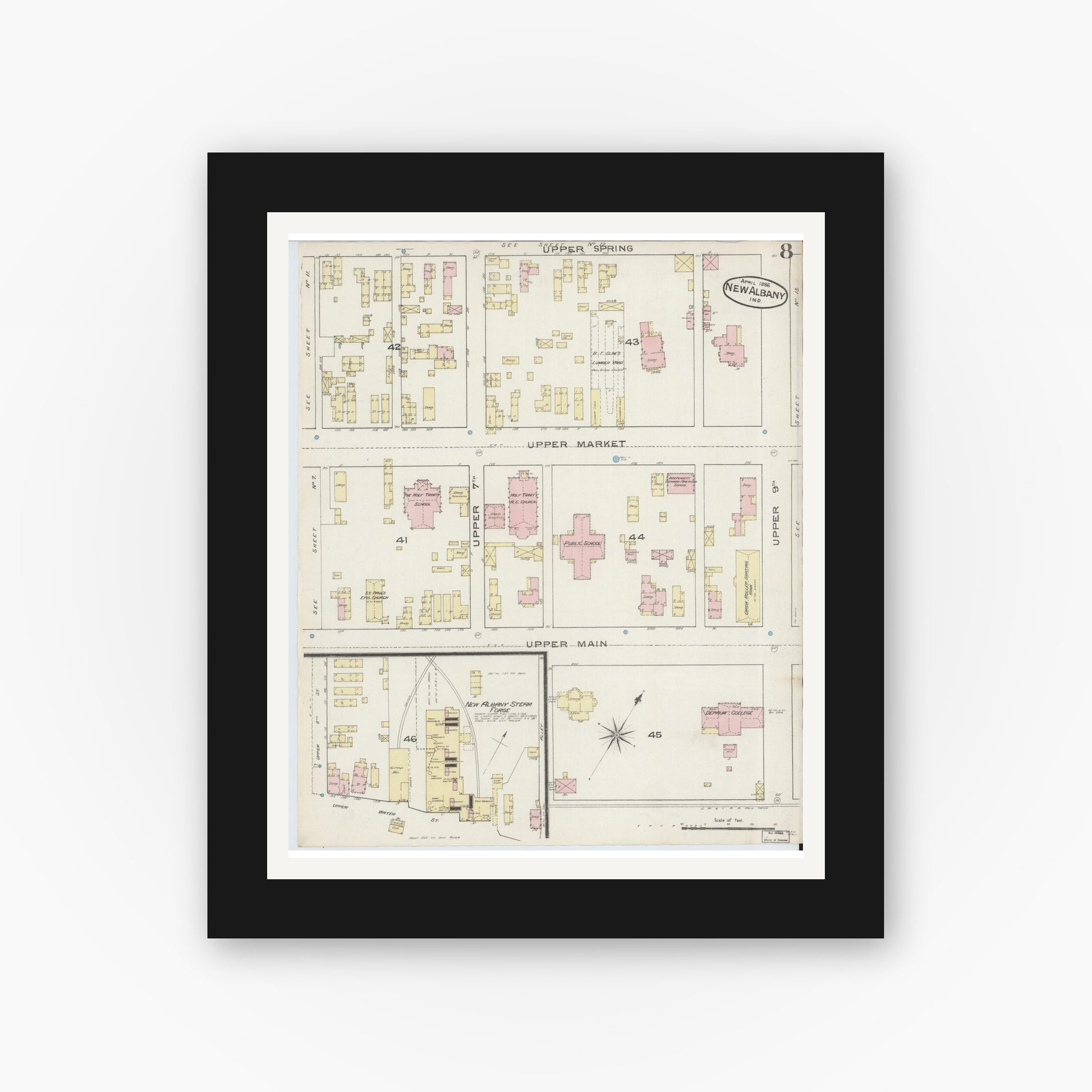 Old map wall art mockup — black gallery frame with white mat — Sanborn Fire Insurance Map from New Albany, Floyd County, Indiana (1886), Sheet #0008