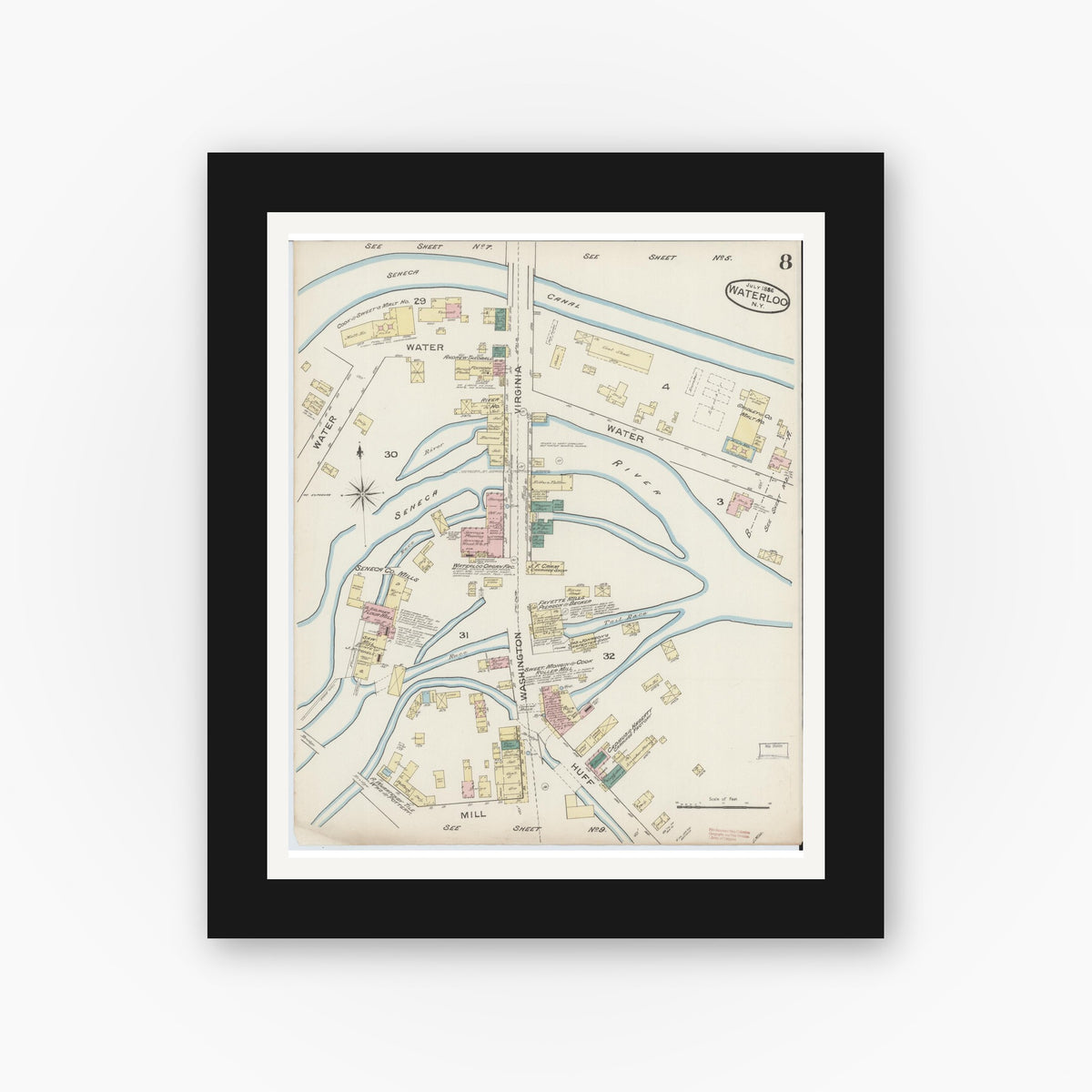 Old map wall art mockup — black gallery frame with white mat — Sanborn Fire Insurance Map from Waterloo, Seneca County, New York (1886), Sheet #0008