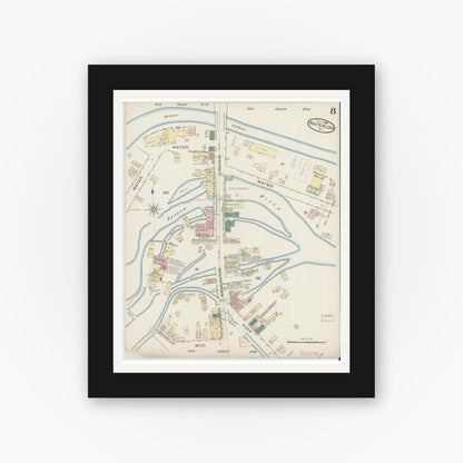 Old map wall art mockup — black gallery frame with white mat — Sanborn Fire Insurance Map from Waterloo, Seneca County, New York (1886), Sheet #0008