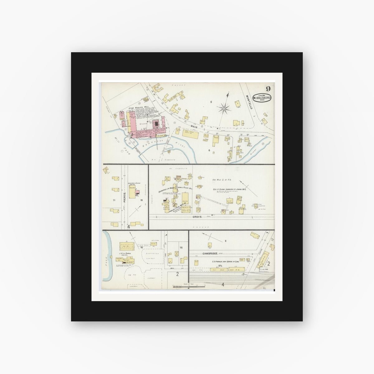Old map wall art mockup — black gallery frame with white mat — Sanborn Fire Insurance Map from Middleboro, Plymouth County, Massachusetts (1896), Sheet #0009