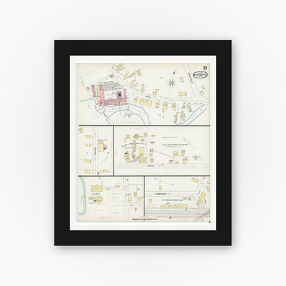 Old map wall art mockup — black gallery frame with white mat — Sanborn Fire Insurance Map from Middleboro, Plymouth County, Massachusetts (1896), Sheet #0009