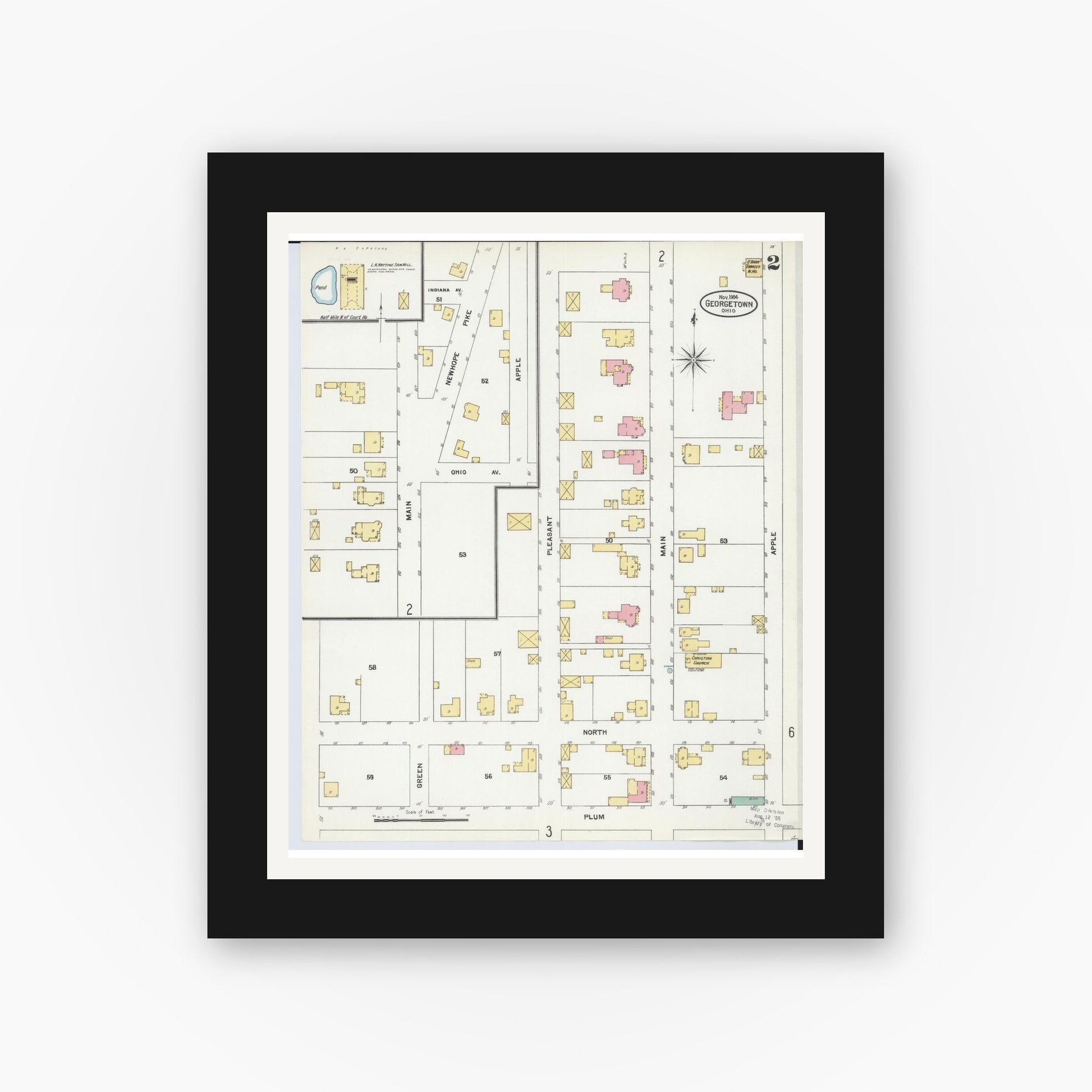 Old map wall art mockup — black gallery frame with white mat — Sanborn Fire Insurance Map from Georgetown, Brown County, Ohio (1904), Sheet #0002