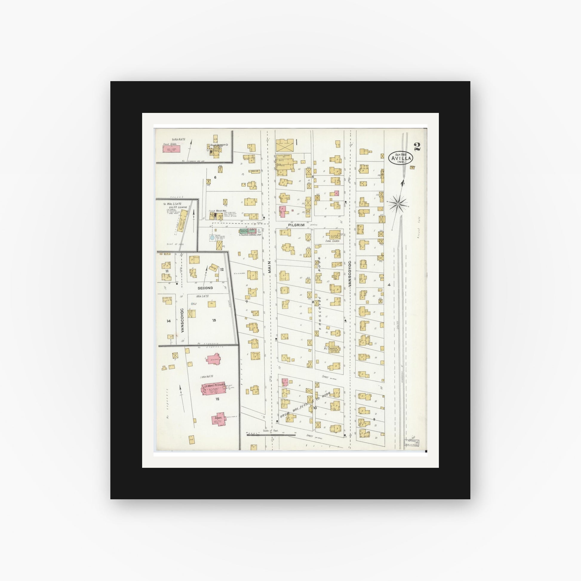 Old map wall art mockup — black gallery frame with white mat — Sanborn Fire Insurance Map from Avilla, Noble County, Indiana (1905), Sheet #0002