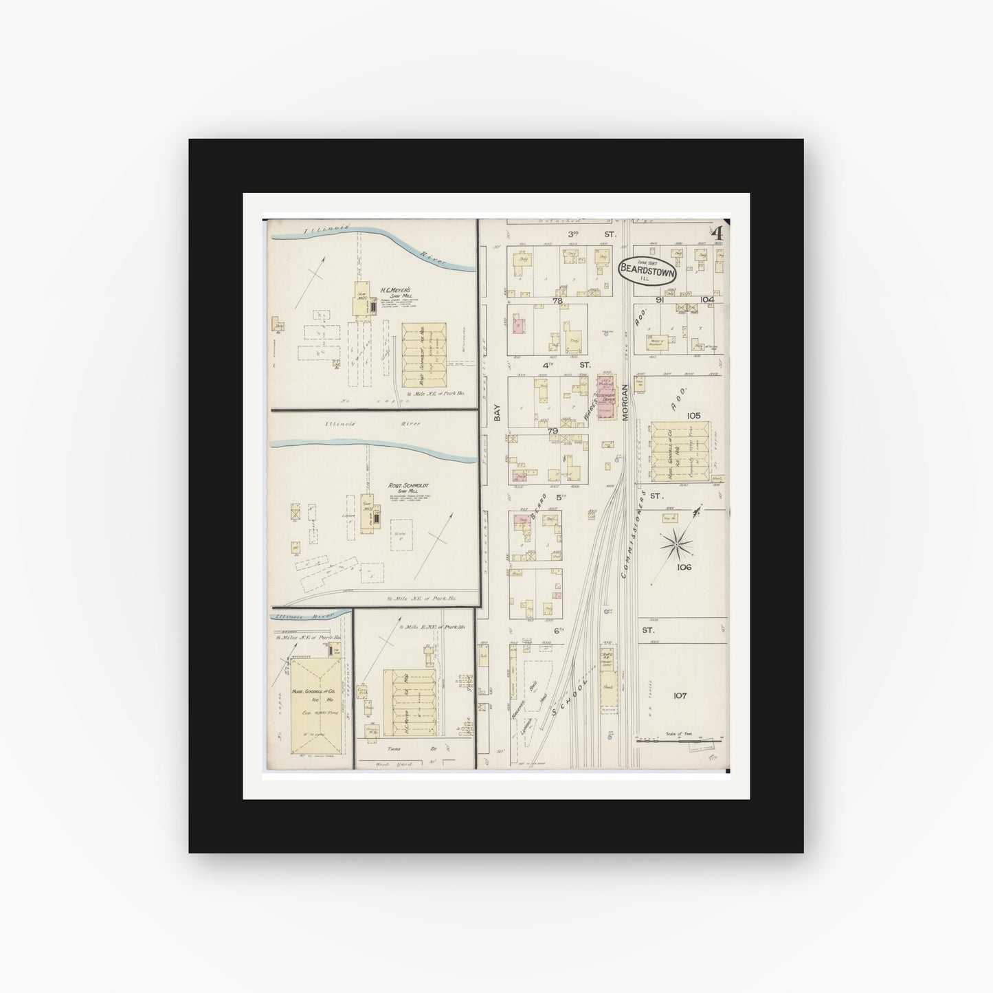 Old map wall art mockup — black gallery frame with white mat — Sanborn Fire Insurance Map from Beardstown, Cass County, Illinois (1887), Sheet #0004