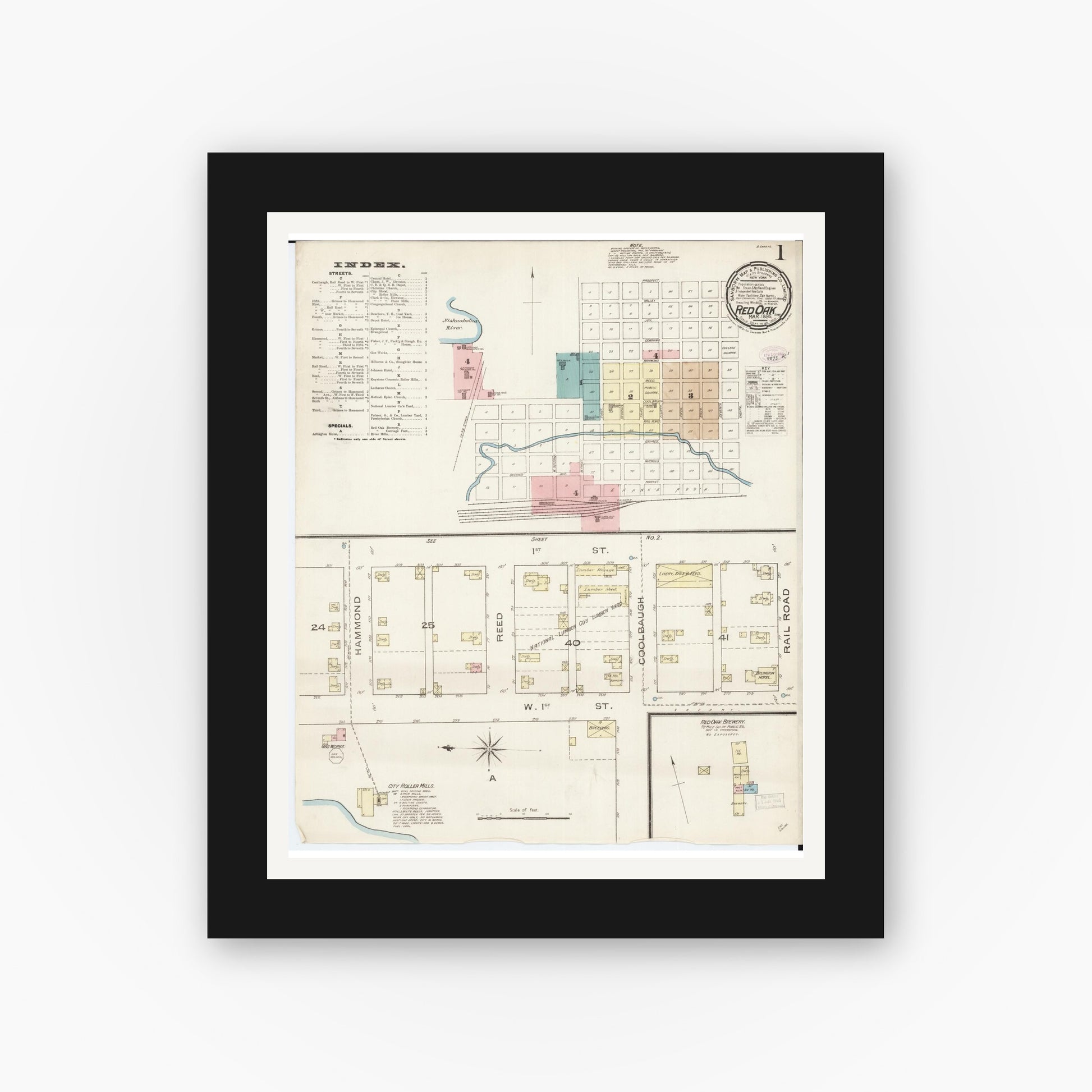 Old map wall art mockup — black gallery frame with white mat — Sanborn Fire Insurance Map from Red Oak, Montgomery County, Iowa (1886), Sheet #0001