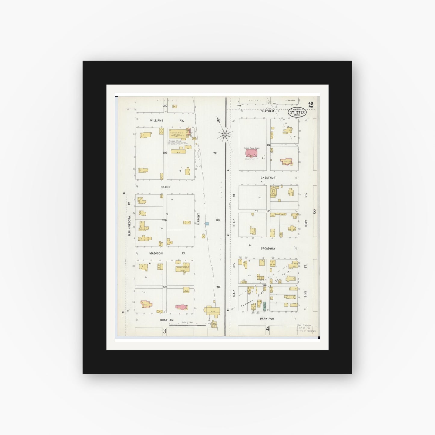 Old map wall art mockup — black gallery frame with white mat — Sanborn Fire Insurance Map from Saint Peter, Nicollet County, Minnesota (1900), Sheet #0002