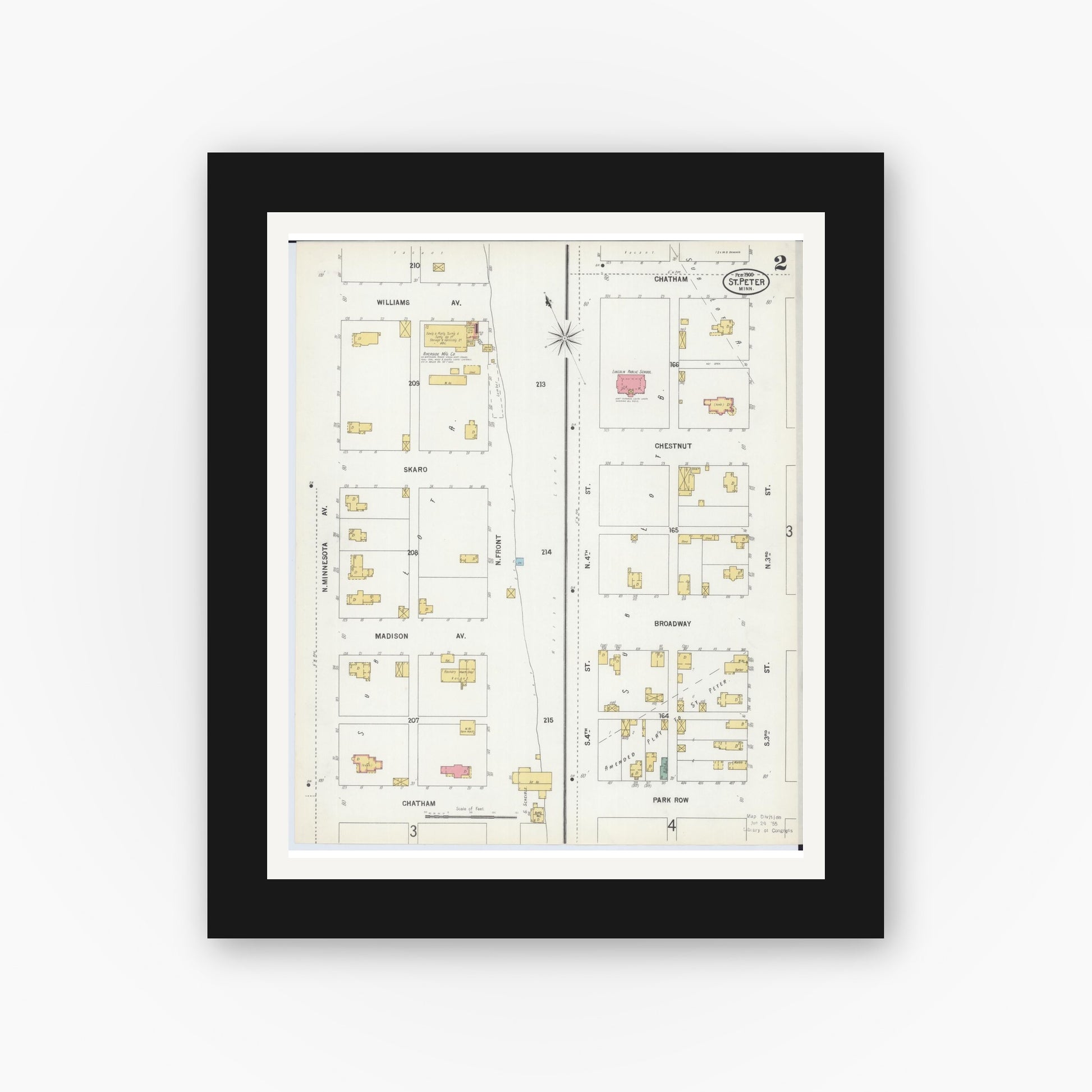 Old map wall art mockup — black gallery frame with white mat — Sanborn Fire Insurance Map from Saint Peter, Nicollet County, Minnesota (1900), Sheet #0002