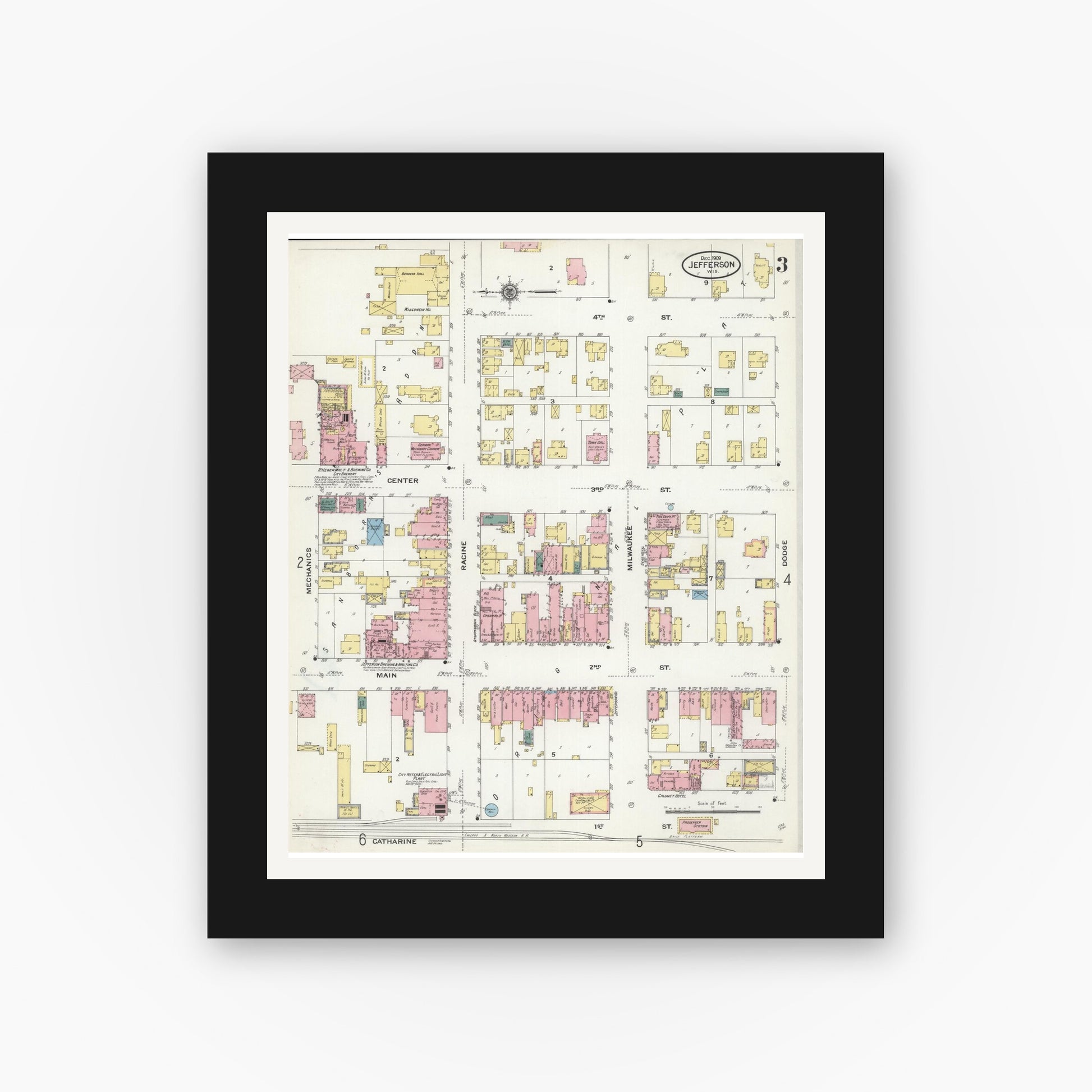 Old map wall art mockup — black gallery frame with white mat — Sanborn Fire Insurance Map from Jefferson, Jefferson County, Wisconsin (1909), Sheet #0003