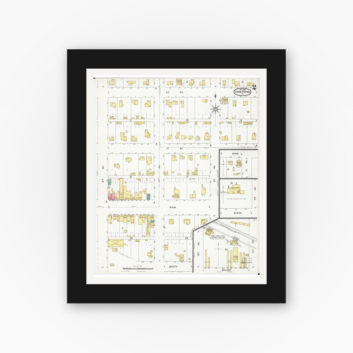 Old map wall art mockup — black gallery frame with white mat — Sanborn Fire Insurance Map from Coon Rapids, Carroll County, Iowa (1901), Sheet #0002