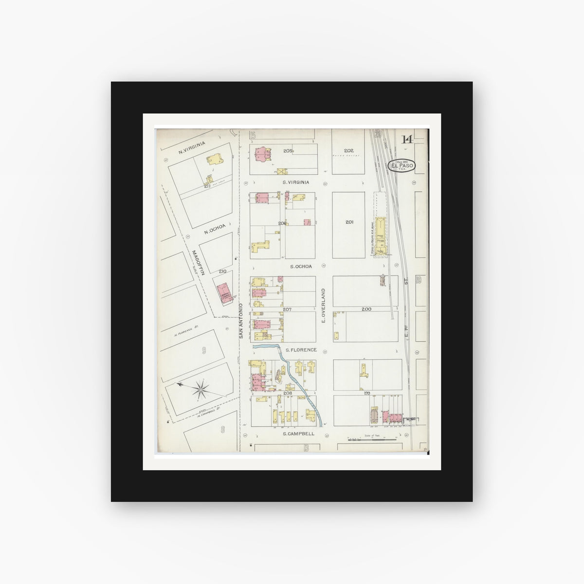 Old map wall art mockup — black gallery frame with white mat — Sanborn Fire Insurance Map from El Paso, El Paso County, Texas (1893), Sheet #0014