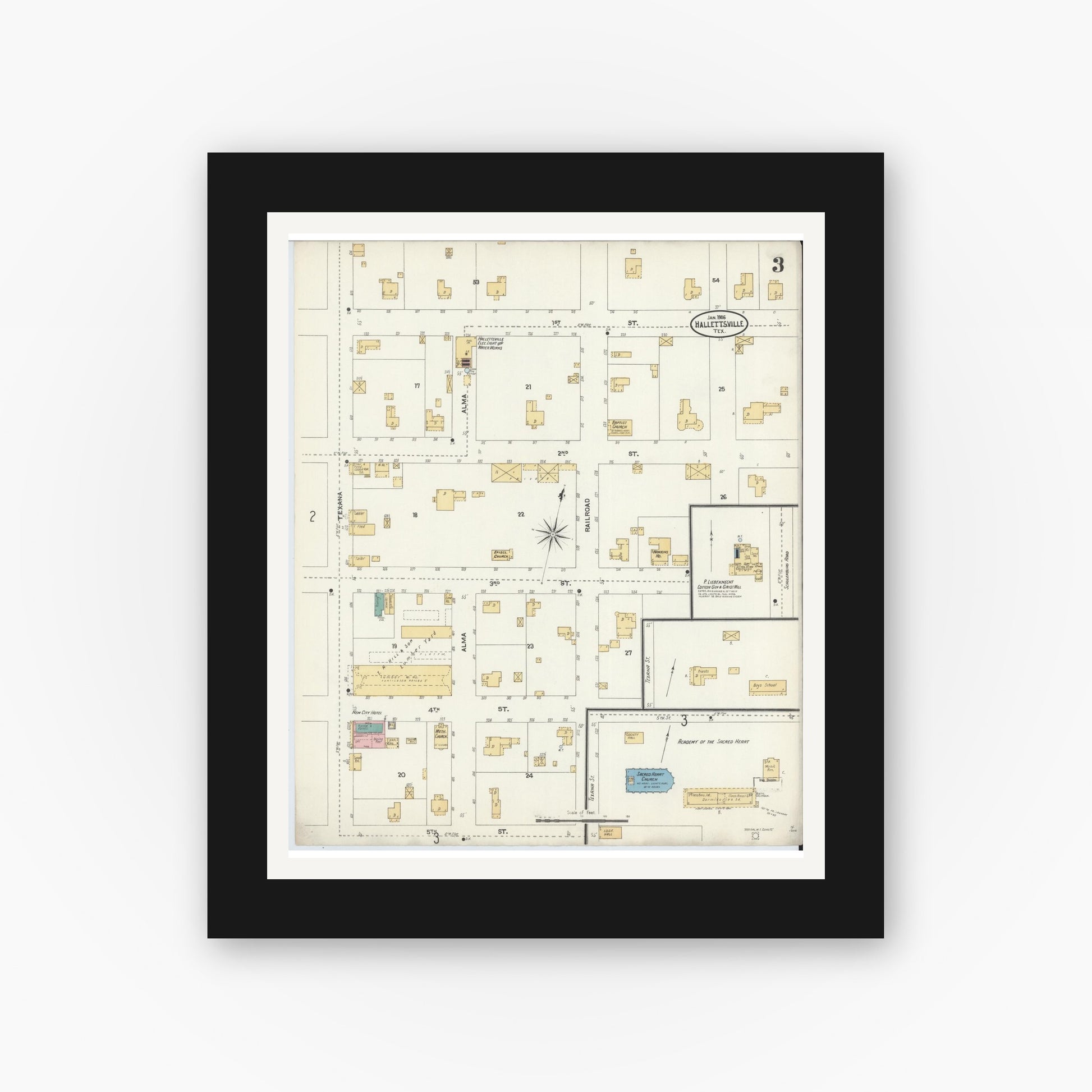 Old map wall art mockup — black gallery frame with white mat — Sanborn Fire Insurance Map from Hallettsville, Lavaca County, Texas (1906), Sheet #0003