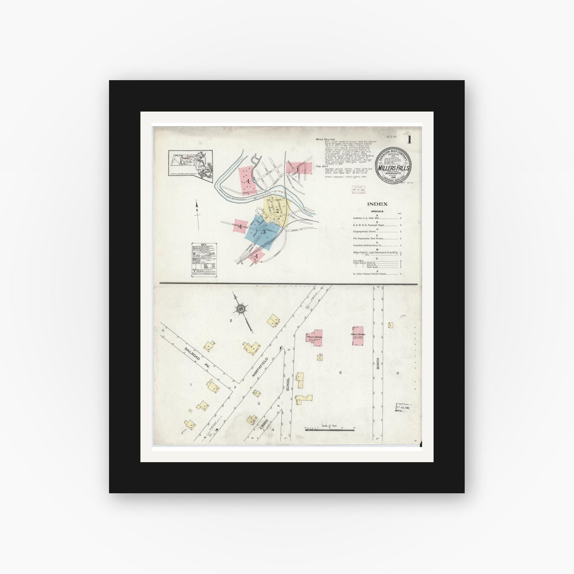 Old map wall art mockup — black gallery frame with white mat — Sanborn Fire Insurance Map from Millers Falls, Franklin County, Massachusetts (1914) - Complete Map Set