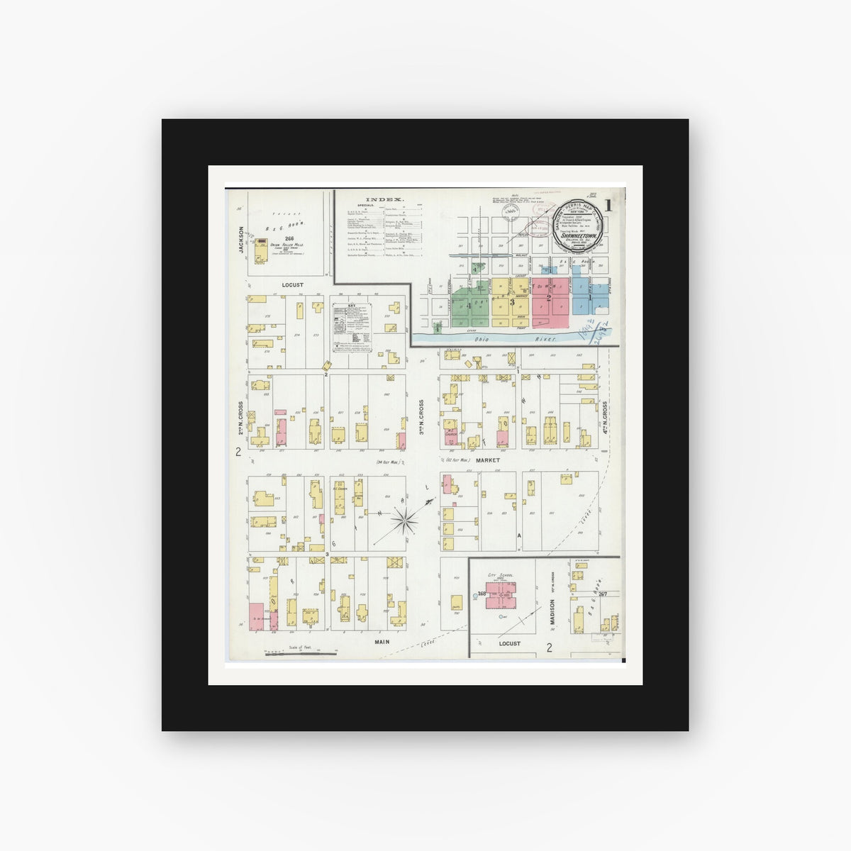 Old map wall art mockup — black gallery frame with white mat — Sanborn Fire Insurance Map from Shawneetown, Gallatin County, Illinois (1899), Sheet #0001