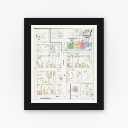 Old map wall art mockup — black gallery frame with white mat — Sanborn Fire Insurance Map from Shawneetown, Gallatin County, Illinois (1899), Sheet #0001