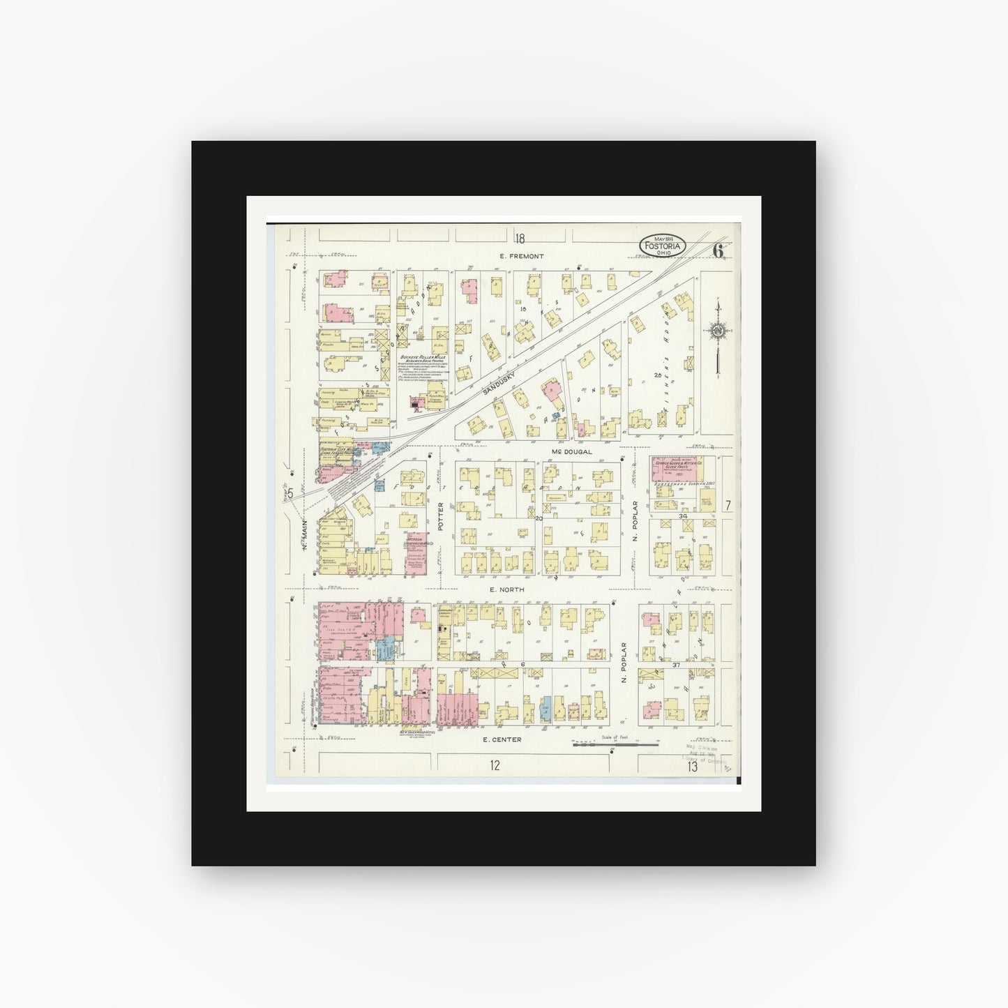 Old map wall art mockup — black gallery frame with white mat — Sanborn Fire Insurance Map from Fostoria, Seneca, Hancock, And Wood Counties, Ohio (1914), Sheet #0006
