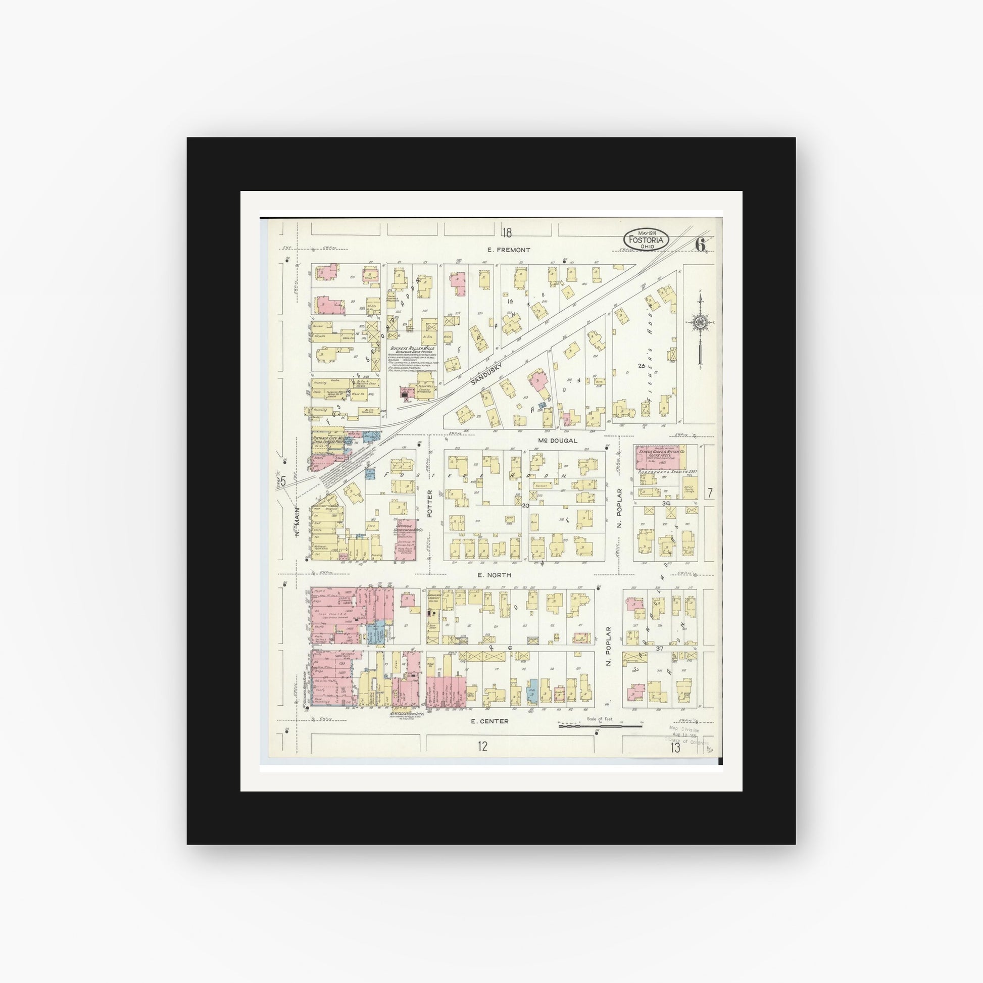 Old map wall art mockup — black gallery frame with white mat — Sanborn Fire Insurance Map from Fostoria, Seneca, Hancock, And Wood Counties, Ohio (1914), Sheet #0006