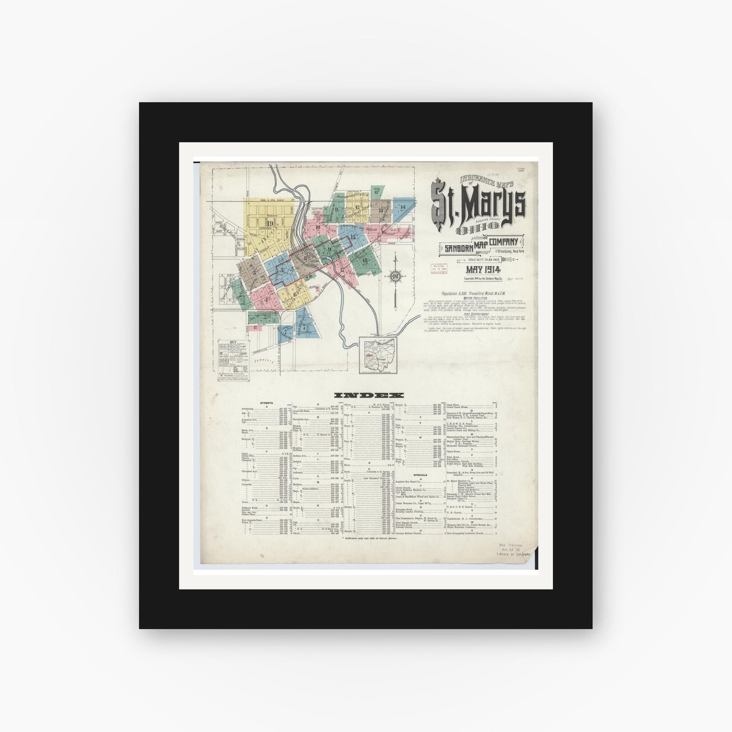 Old map wall art mockup — black gallery frame with white mat — Sanborn Fire Insurance Map from Saint Marys, Auglaize County, Ohio (1914) - Complete Map Set