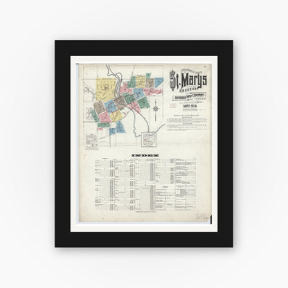 Old map wall art mockup — black gallery frame with white mat — Sanborn Fire Insurance Map from Saint Marys, Auglaize County, Ohio (1914) - Complete Map Set